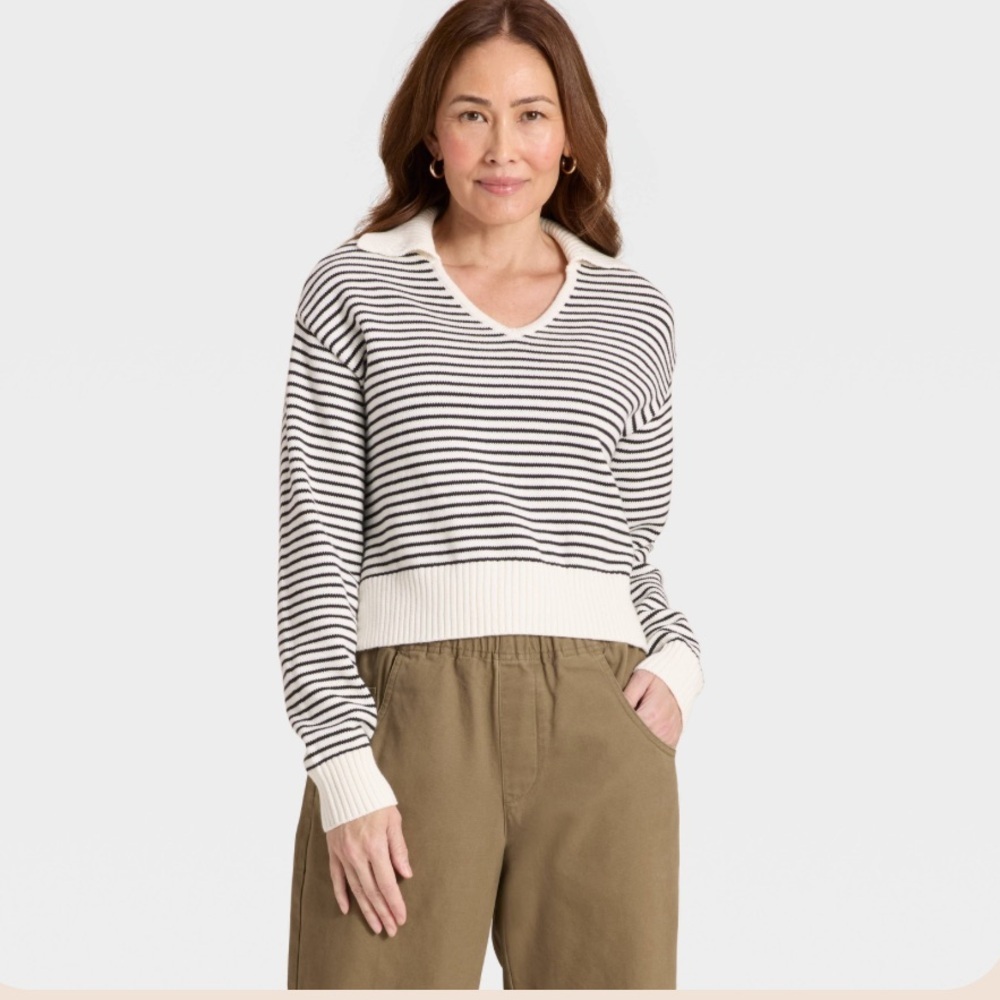 Universal Thread Cream and Black Striped V-Neck Sweater